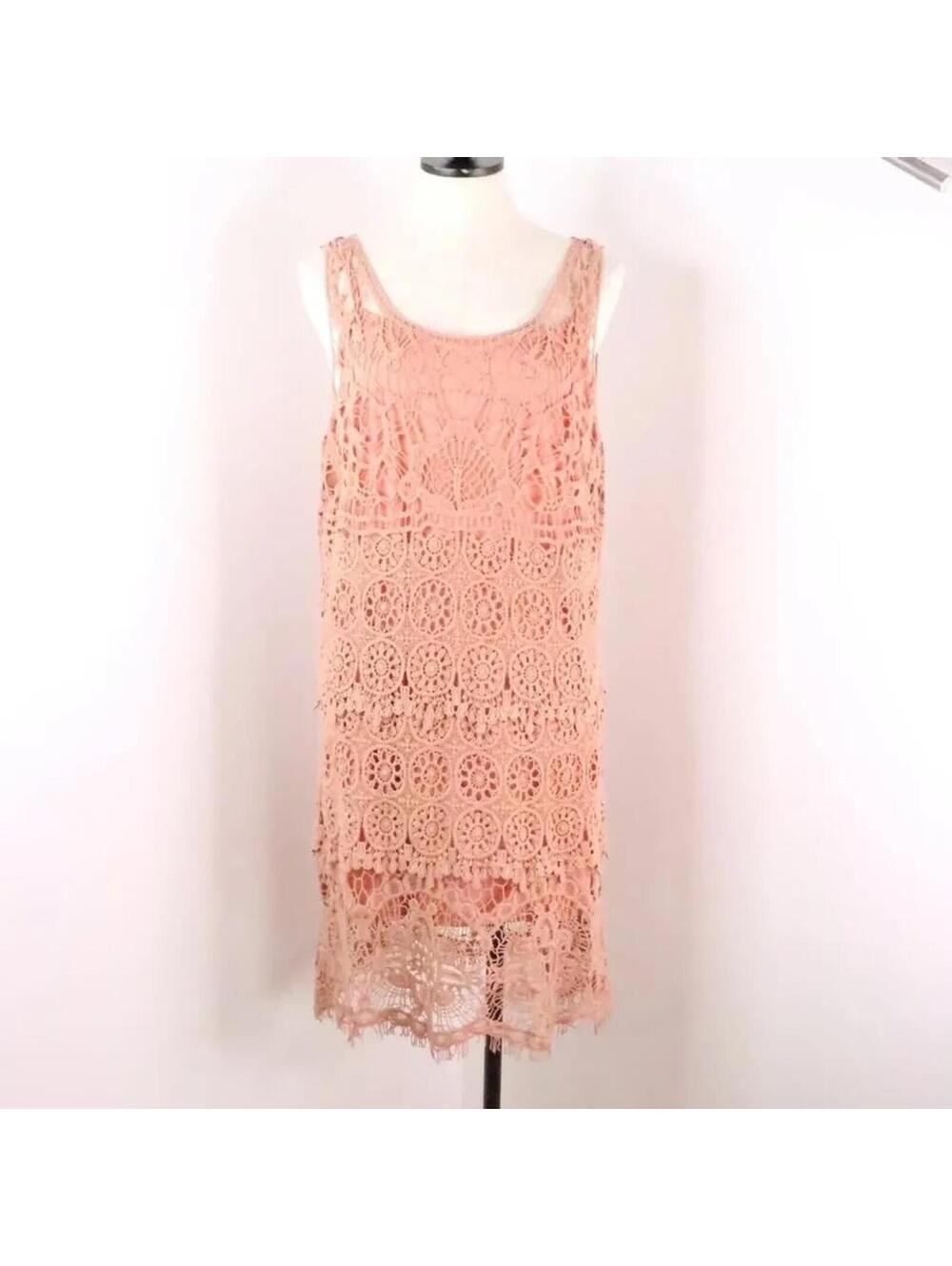 Pinky Crochet Lace Dress Women’s Medium Peach Boho Sleeveless Lined Summer